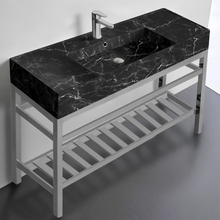 Scarabeo 5125-G-CON2 Modern Black Marble Design Console Sink and Polished Chrome Base, 48 Inch